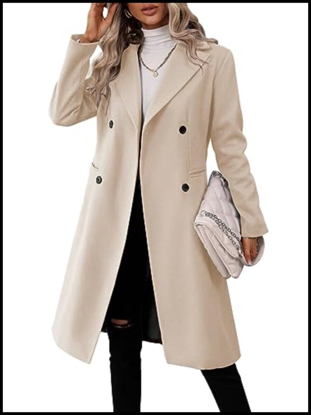 Womens Long Double Breasted Pea Coat Lapel Collar Slim Fit Winter Jacket
